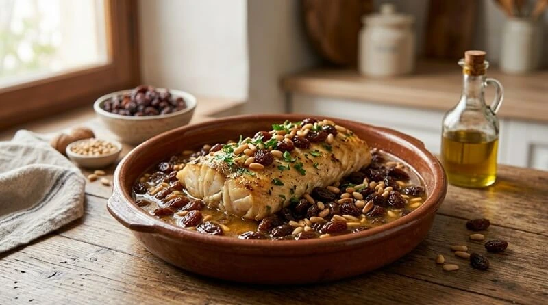 Bacalao con pasas y piñones