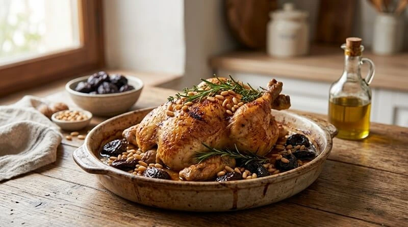 Pollo rustido con ciruelas y piñones